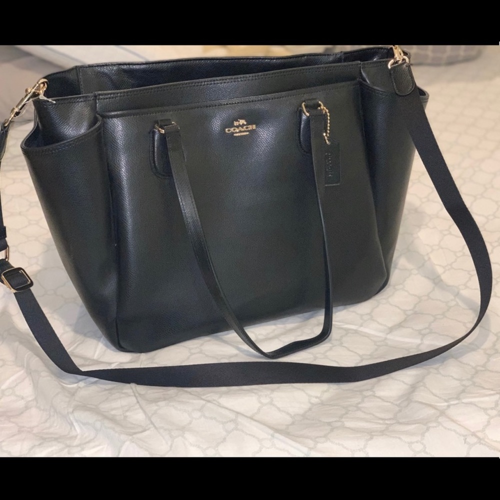 COACH F35702 Womens Black Diaper Bag Tote Leather